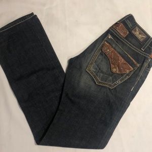 New Robins Jeans Leather Flap Straight Leg Wings Size 30